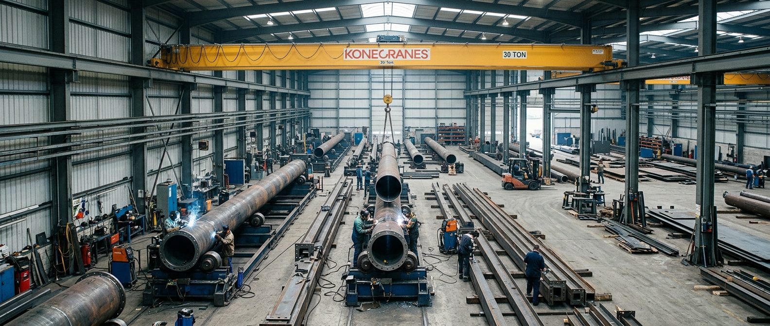 Apex fabrication workshop — overhead crane lifting a tubular pole section, welders assembling unipole sections along the bay