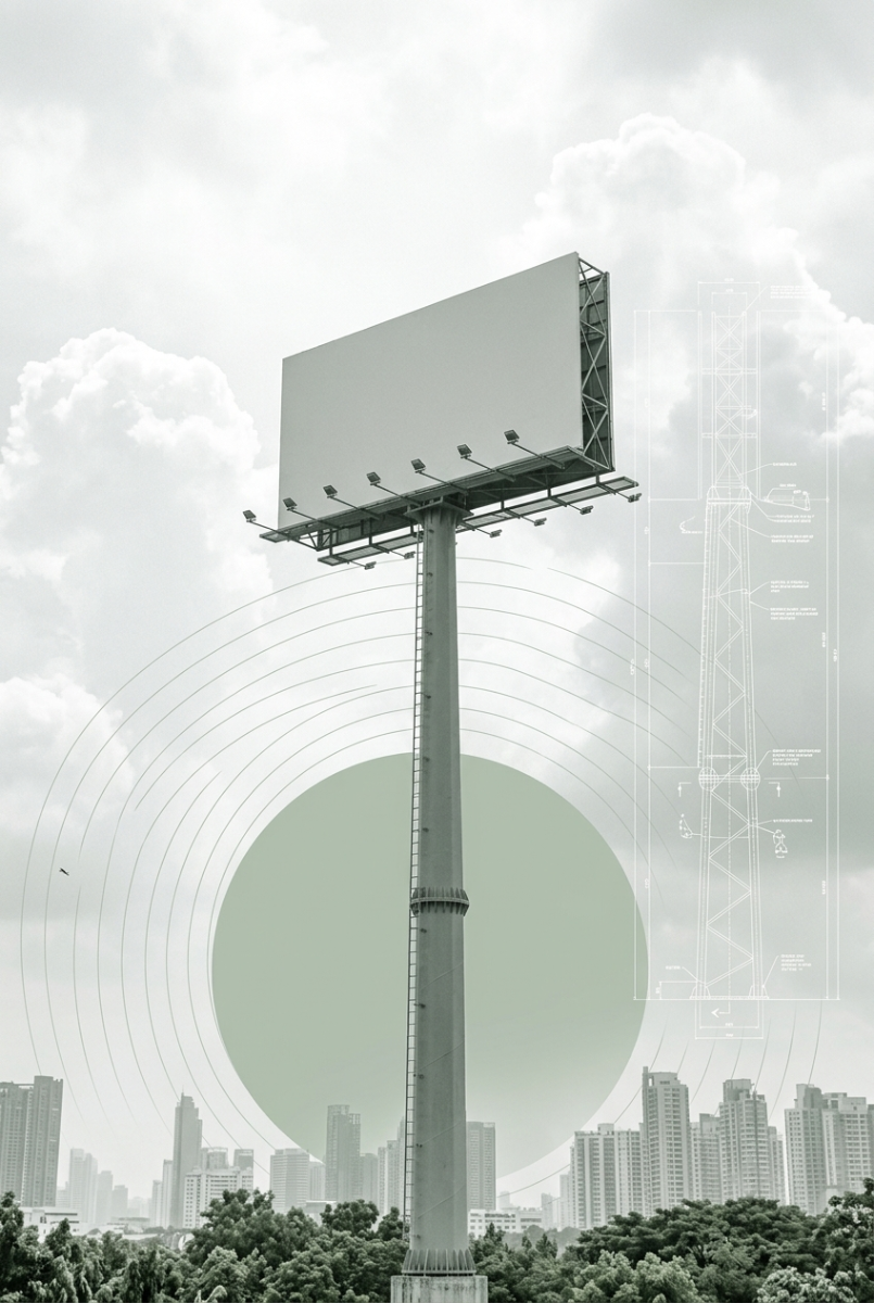 Apex unipole billboard beside its engineering elevation drawing, city skyline behind